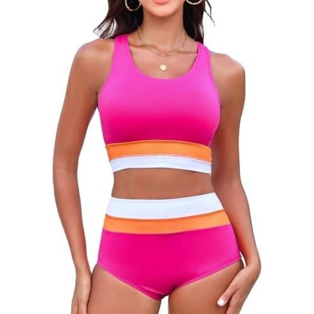 Dipinon Womens Sporty Pink Colorblock High‎ Waisted Bikini Set Size L New